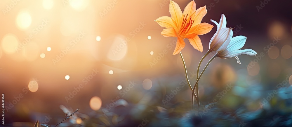 Fototapete Two blooming flowers in a close-up shot with bokeh effect, focusing on their placement in the frame. with copy space image. Place for adding text or design