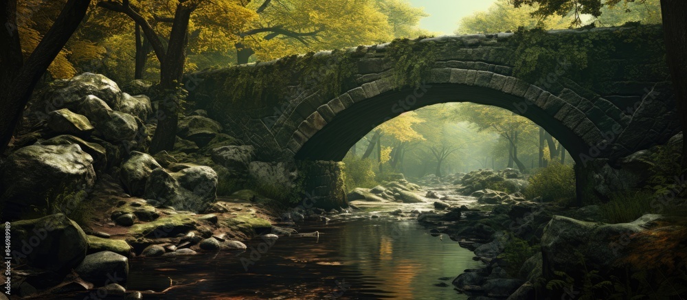 Poster A weathered bridge spanning a gentle stream in a peaceful natural setting. with copy space image. Place for adding text or design