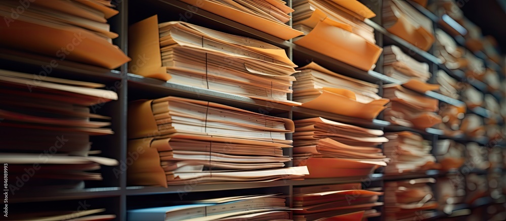 Poster Papers files inside folders containing old documents and letters arranged in a messy order on a shelf for archiving purposes. with copy space image. Place for adding text or design