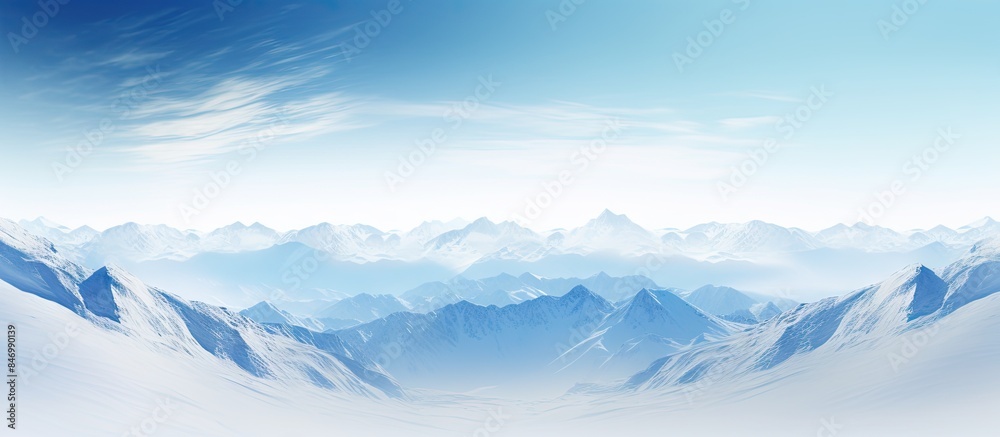 Poster snow-covered peaks under a clear blue sky with fluffy clouds, creating a picturesque winter scene. w