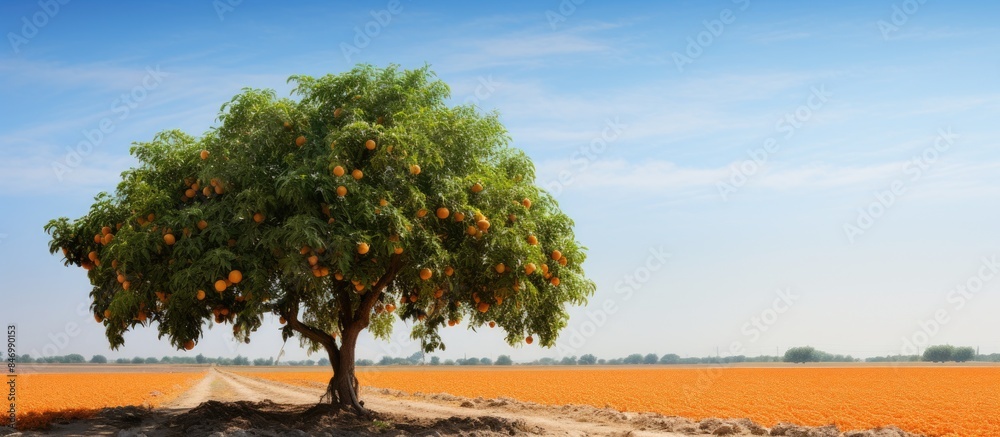 Poster lush orange tree surrounded by drip irrigation system in almenara valencia. with copy space image. p