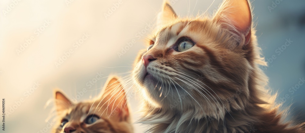 Poster Curious felines peer up at the sky from a window ledge with interest and wonder. with copy space image. Place for adding text or design