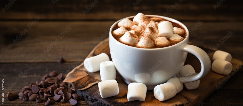 Aufkleber A cup of hot chocolate adorned with marshmallows sits on a rustic wooden board. with copy space image. Place for adding text or design