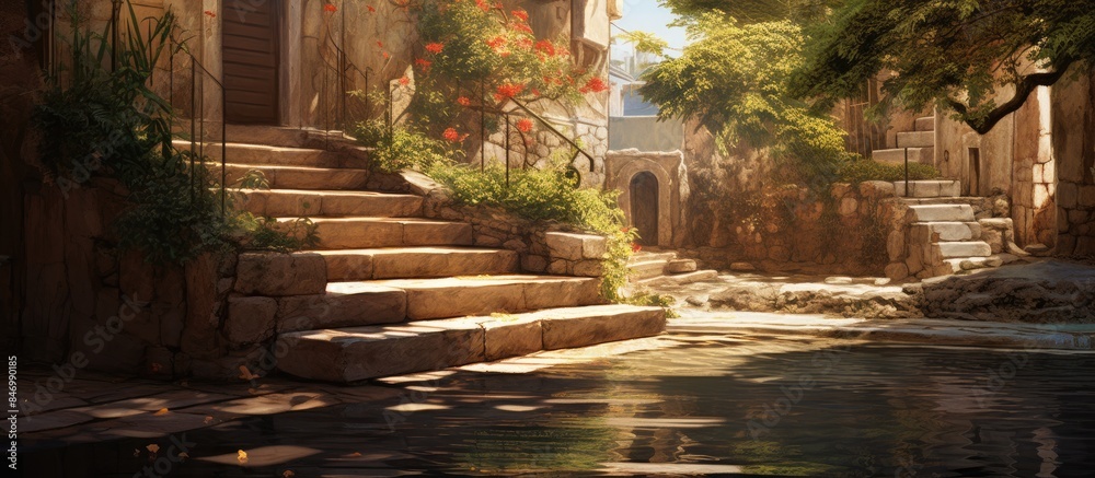 Poster Steps in village ponds and stairs at the village. with copy space image. Place for adding text or design