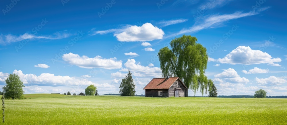 Poster vintage swedish house situated in a lush meadow surrounded by greenery. with copy space image. place