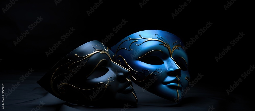 Poster Two elegant blue masks displaying elaborate gold patterns placed on a sleek black surface. with copy space image. Place for adding text or design