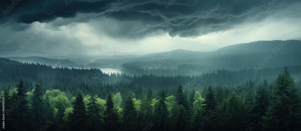 Aufkleber A dramatic scene where storm clouds gather over a forest blending with the trees, creating a captivating mix of nature's elements. with copy space image. Place for adding text or design
