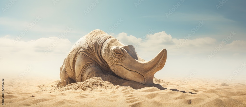 Poster giraffe peacefully lounging on sandy beach under the sun on a beautiful day with clear blue skies. w
