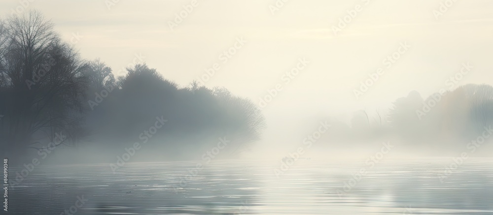 Aufkleber duck peacefully drifts in the center of a fog-covered lake on a tranquil day. with copy space image.