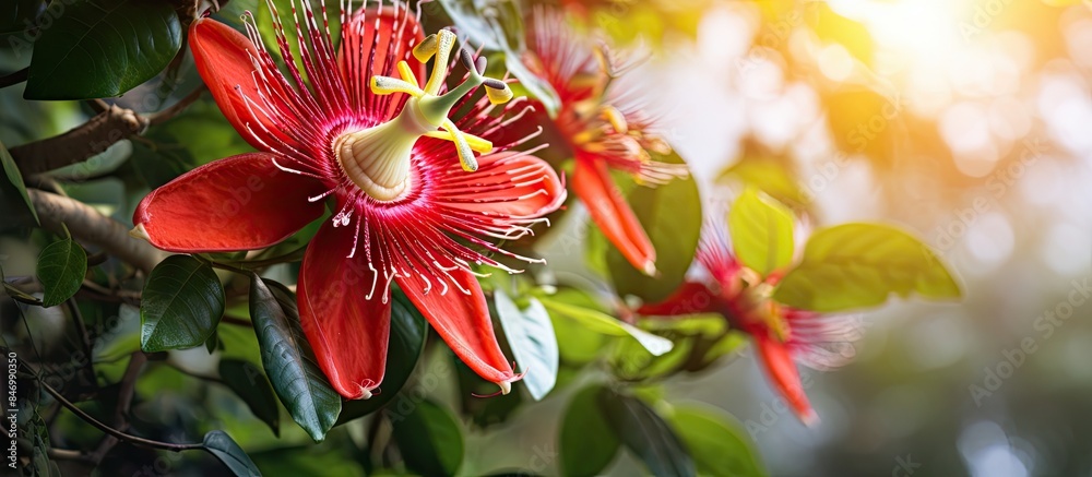 Poster passiflora scarlet flame, a red passion flower, in vibrant bloom on a tree plant. with copy space im