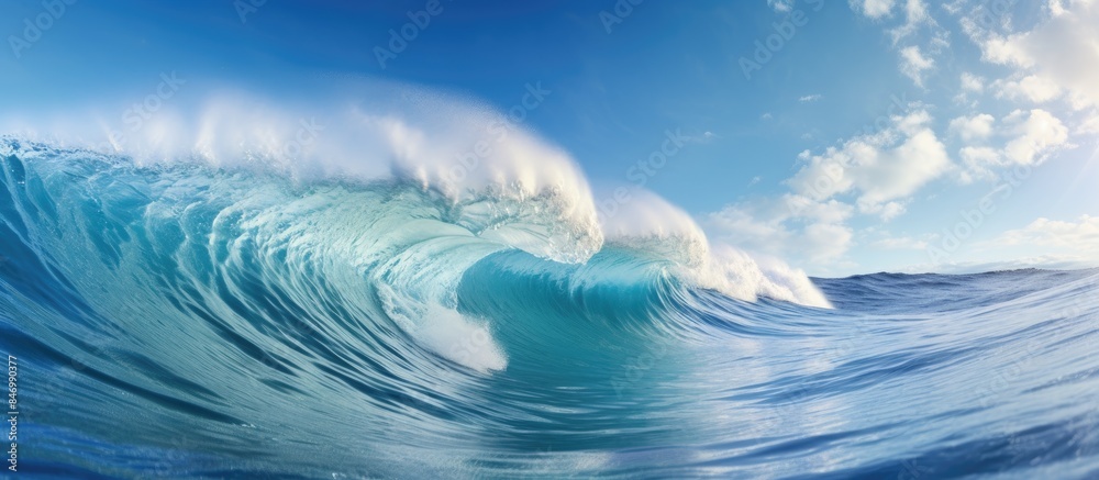 Fototapete Close-up of a big wave in the ocean, with white foam cresting against the backdrop of a clear blue sky. with copy space image. Place for adding text or design