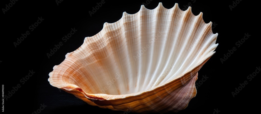 Poster Close-up view of a single seashell placed on a dark black surface. with copy space image. Place for adding text or design