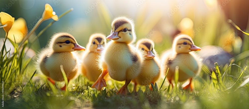 Poster Multiple cute ducklings walking on green grass under the warmth of the sun, embodying the charm of youth. with copy space image. Place for adding text or design