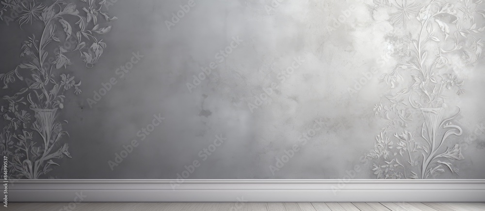 Aufkleber wooden floor complements gray patterned wallpaper in a room setting. with copy space image. place fo