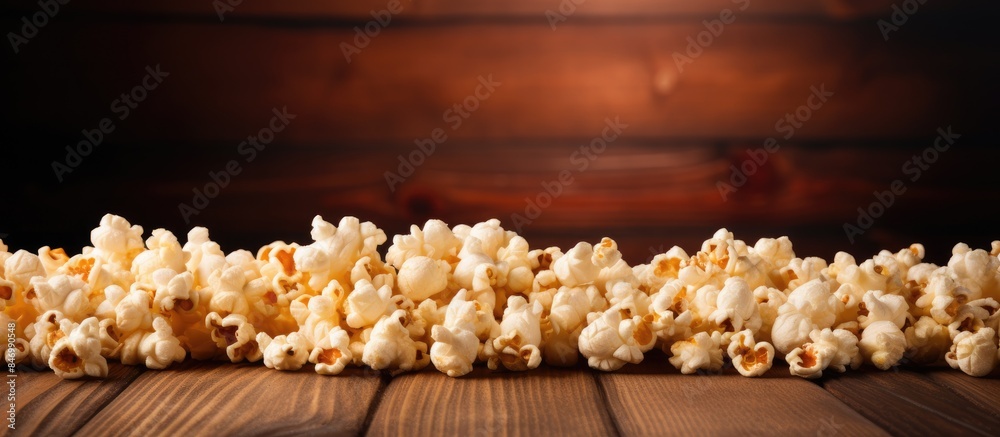 Poster Fresh popcorn kernels scattered on a rustic wooden table creating a contrasting setup against a dark background. with copy space image. Place for adding text or design