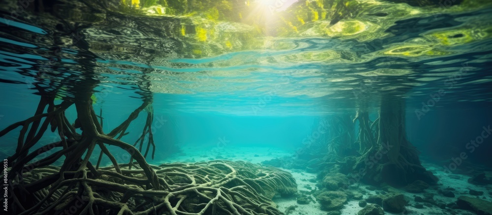 Poster mangrove forest, rainforest with roots submerged in water, lush foliage and shoal visible beneath th