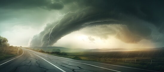 Fototapeta premium A powerful tornado cloud ominously hangs over a road in a stormy landscape, creating a dangerous and dramatic scene. with copy space image. Place for adding text or design