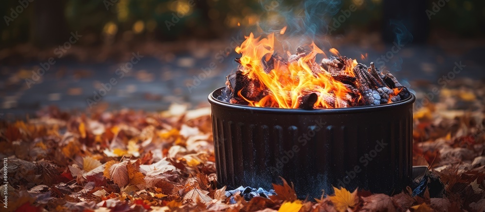 Poster Truck tire with tread moves close to fire on dusty pathway in outdoor setting. with copy space image. Place for adding text or design
