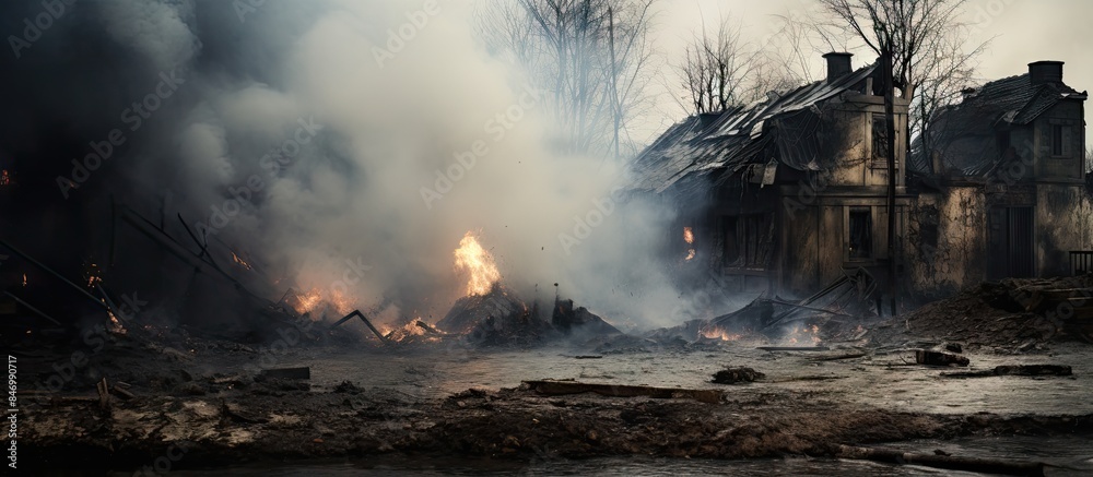 Poster truck with a large tire moving along a dusty road next to a burning fire in a rural area with smoke.