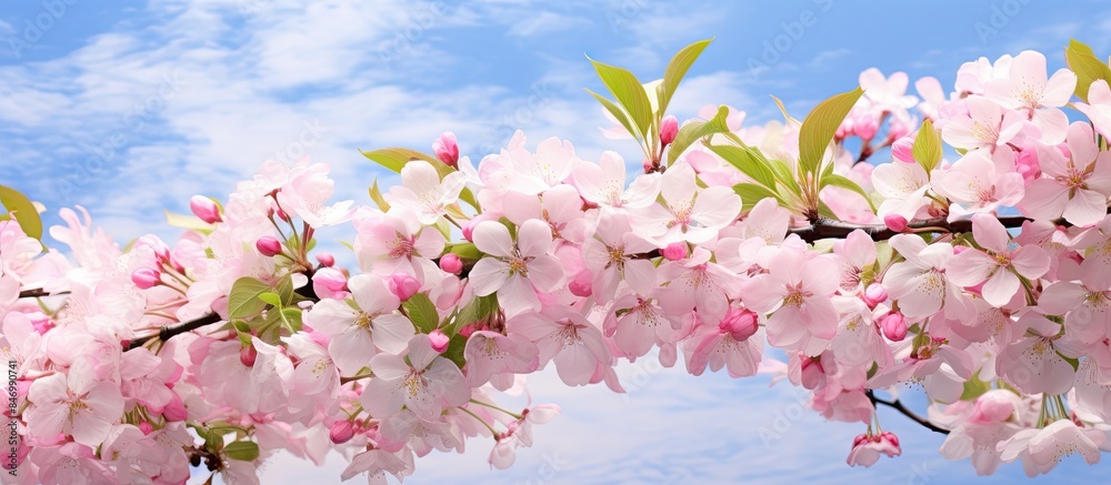 Fototapete Close-up view of a branch with pink blossoms in full bloom against a blurred background. with copy space image. Place for adding text or design