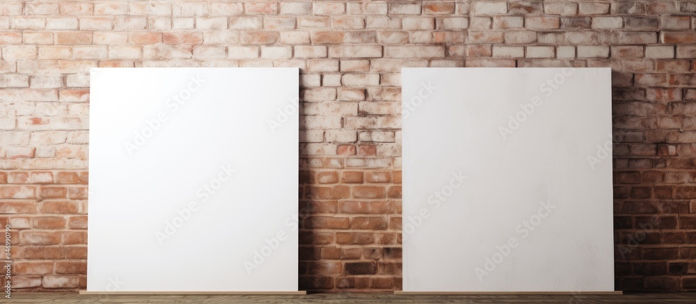 Aufkleber Two blank white posters are displayed on a brick wall with a wooden floor underneath them. with copy space image. Place for adding text or design