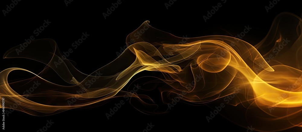 Aufkleber Gold smoke swirling dynamically on a solid black background creating an abstract and captivating visual. with copy space image. Place for adding text or design