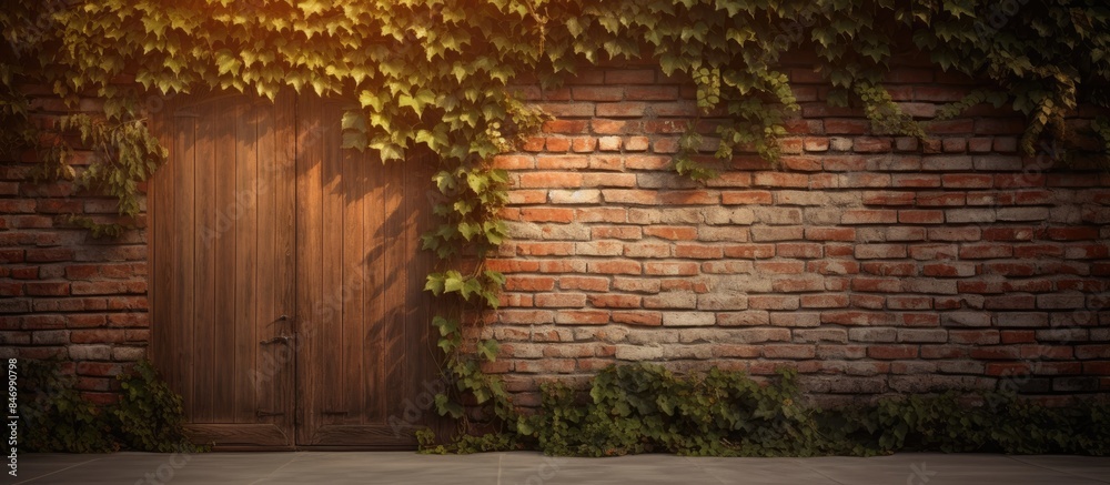 Poster a wooden door on a brick wall covered in ivy is illuminated by the sunset light. with copy space ima