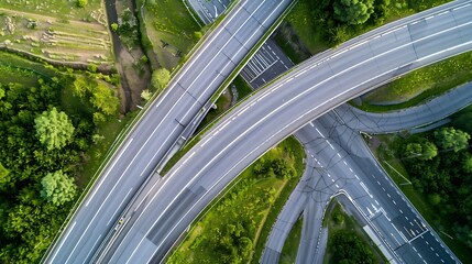 Aerial view of a green overpass over almost empty highway : Generative AI