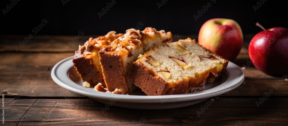 Poster Spicy apple loaf cake sliced and served on a plate, accompanied by a fresh apple. with copy space image. Place for adding text or design