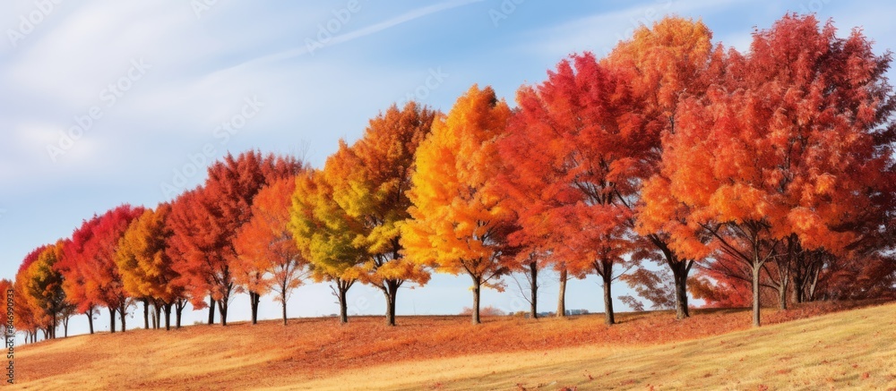 Fototapete Maple trees densely populate a hill, displaying a stunning array of red and orange leaves in the fall. with copy space image. Place for adding text or design