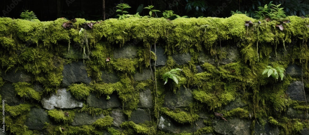 Poster lush green moss covering the stone wall near a dark black fence, creating a natural and vibrant scen