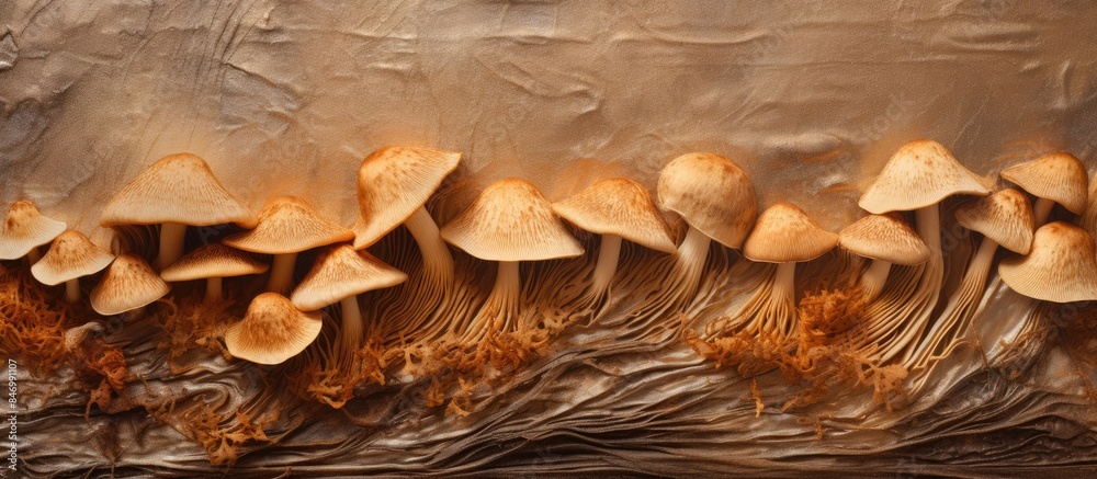 Poster numerous mushrooms growing densely on the earth's surface, creating a lush fungal landscape. with co
