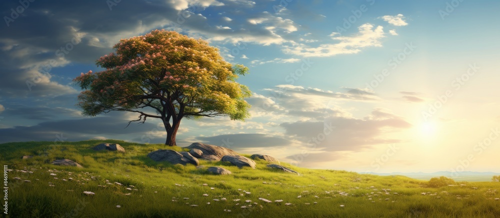 Leinwandbilder solitary tree on grassy hill surrounded by rocks and vibrant flowers under the open sky. with copy s