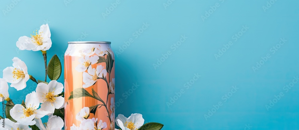 Poster Peach colored soda can placed against a blue background with delicate floral patterns. with copy space image. Place for adding text or design