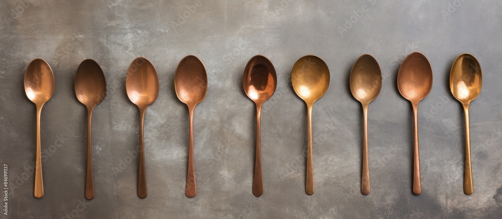 Poster multiple vintage coffee spoons made of bronze arranged neatly on a concrete surface, suitable for fo