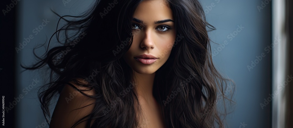 Poster portrait of an attractive female with elegant long hair wearing a black top. with copy space image. 