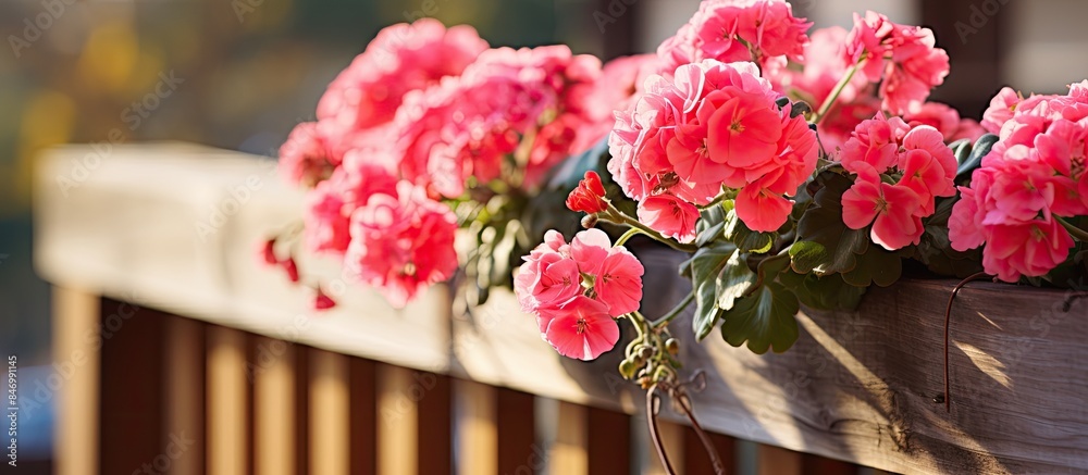 Poster pink blooming geranium pelargonium flowers with dried leaves in a hanging flower pot on balcony fenc