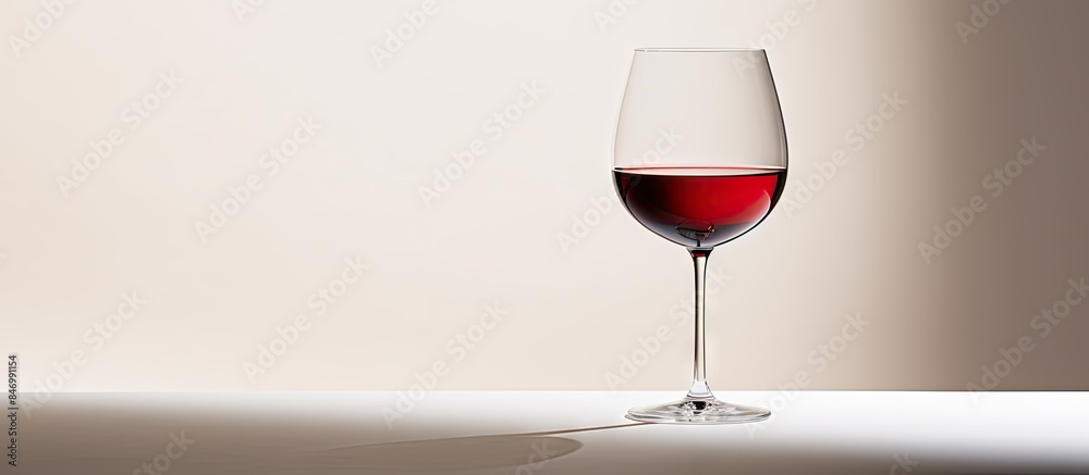 Poster A glass filled with red wine is placed on a wooden table with a white background, casting a shadow. with copy space image. Place for adding text or design