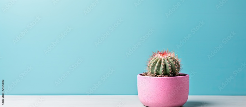 Fototapete turbinicarpus cactus displayed in a small pot with a pink hue, placed elegantly on a tabletop. with 