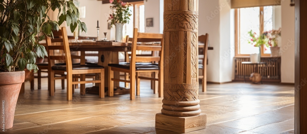 Fototapete green plant housed in a pot positioned on the floor of a dining room, adding a touch of nature to th