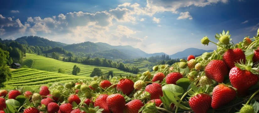 Organic strawberry fields extend under the sun with a majestic mountain in the distance. with copy space image. Place for adding text or design
