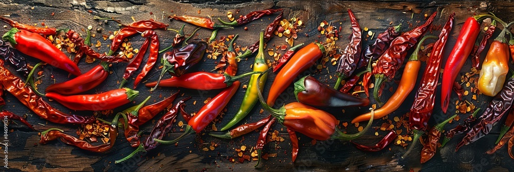 Poster A collection of fresh and dried chili peppers arranged on a rustic wooden surface. Various types and colors of peppers are shown. Generative AI