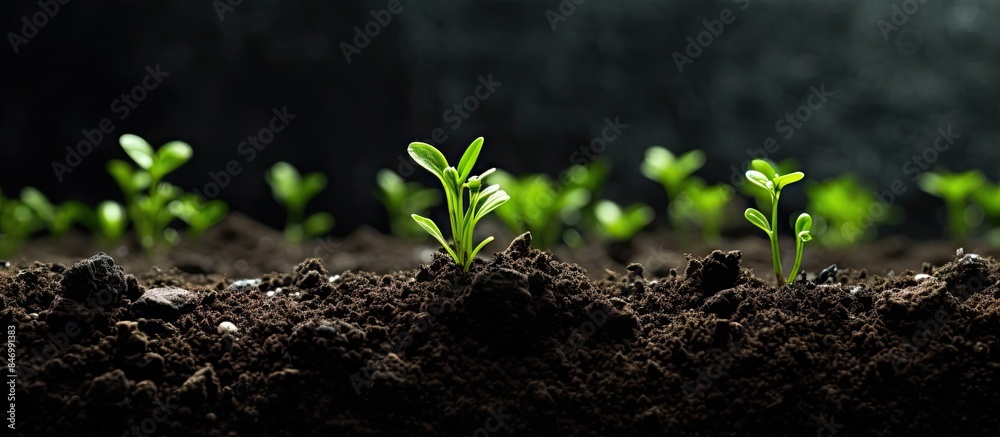 Aufkleber Green plants sprouting from the earth in a detailed, up-close view. Moss and small green ground cover on soil surface. with copy space image. Place for adding text or design