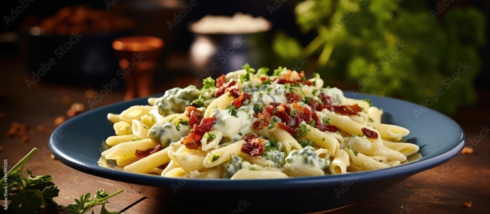Fototapete Close-up of a delicious dish featuring pasta with crispy bacon and fresh spinach on a plate. with copy space image. Place for adding text or design