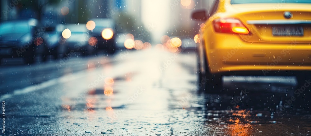 Poster yellow car advancing on a rain-soaked urban road, illuminated by oncoming car lights in blue-yellow 
