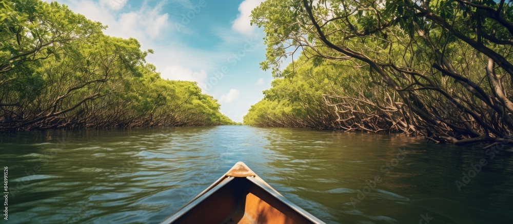 Poster Boat gracefully navigating through a river surrounded by lush green trees in a serene mangrove forest. with copy space image. Place for adding text or design