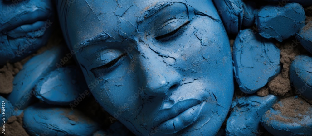 Poster Detailed view of a sculpture depicting a woman's face in blue color, showcasing intricate features and texture. with copy space image. Place for adding text or design