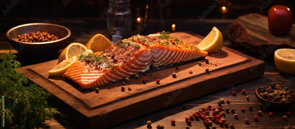 Aufkleber salmon slices adorned with lemon slices and various spices arranged on a wooden cutting board. with 