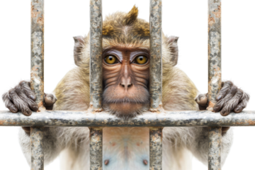 A close-up of a monkey behind bars in a cage, reflecting the seriousness of wildlife captivity and conservation efforts.
