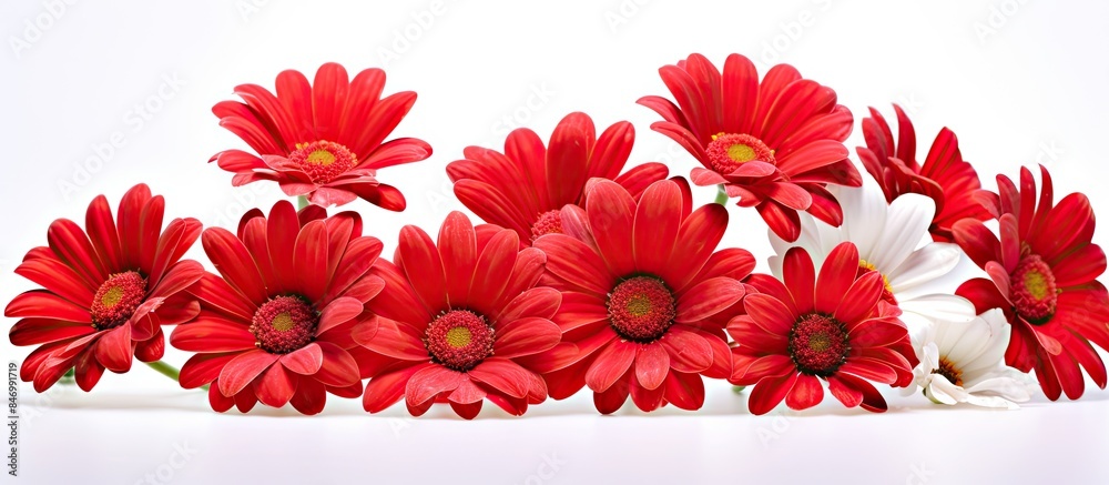 Poster Multiple red and white flowers aligned in a row on a plain white surface, creating a vibrant display of colors. with copy space image. Place for adding text or design